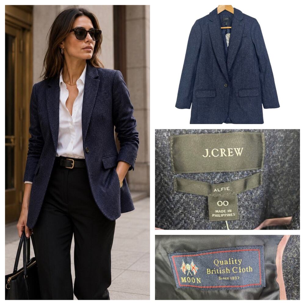 J Crew Alfie Blazer Navy Blue Moon British Wool Herringbone Size 00 Academia